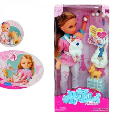 Кукла с бебче, кученце и аксесоари