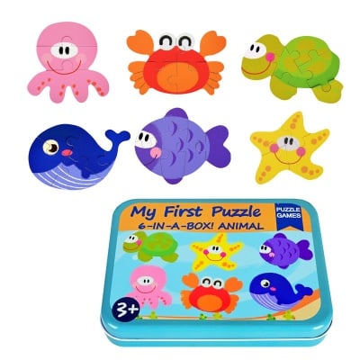 Пъзел 6 в 1 /дърво/ в метална кутия