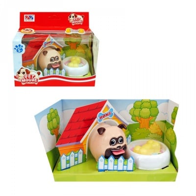 Кученце с картонена къщичка и купичка с храна