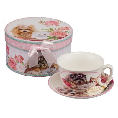 Стилен Комплект Коте и куче - чаша с чинийка