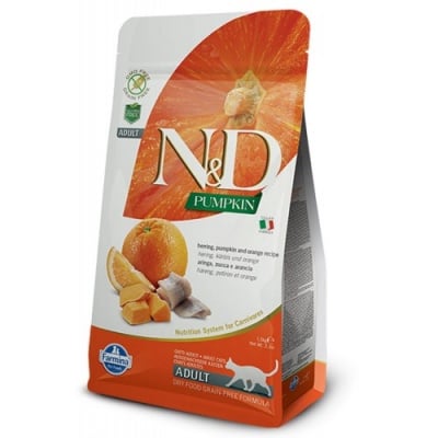 "N&D CAT GRAIN FREE PUMPKIN HERRING & ORANGE ADULT" – Пълноценна храна за котки над 1 година с тиква, херинга и портокал
