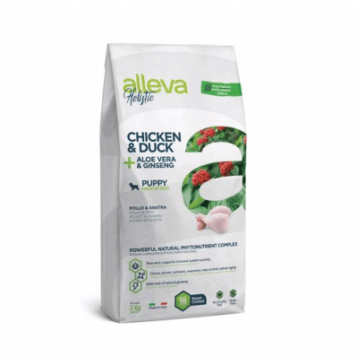 Пълноценна храна за подрастващи кучета от средни породи Alleva® Holistic Puppy Medium, с Пилешко и Патешко + Алое вера и Женшен, 2.00кг