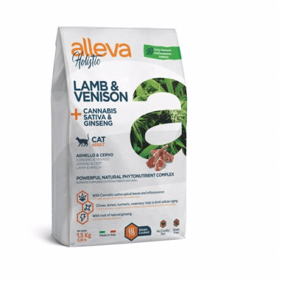 Пълноценна храна за възрастни котки Alleva® Holistic Adult Cat, с Агнешко и Еленско + Канабис сатива и Женшен, 1.50кг