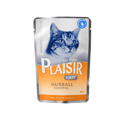 Пауч за котки Plaisir за контрол на космените топки - с пилешко месо в сос Грейви