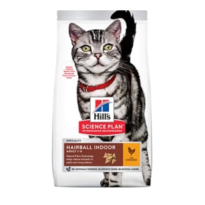 Hill's Science Plan Adult Hairball & Indoor с пиле  - Балансирана храна за котки за намаляване образуването на космени топки -  три разфасовки