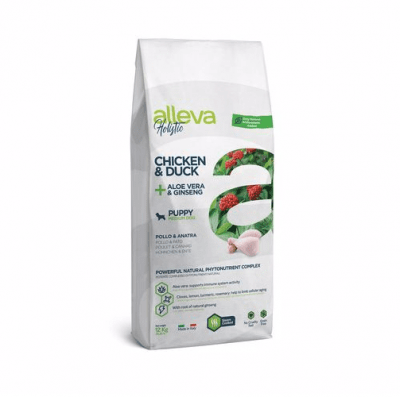 Пълноценна храна за подрастващи кучета от средни породи Alleva® Holistic Puppy Medium,  с Пилешко и Патешко + Алое вера и Женшен, 12кг
