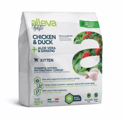 Пълноценна храна за подрастващи котета, както и за бременни и лактиращи кoтки Alleva® Holistic Kitten, с Пилешко и Патешко + Алое вера и Женшен, 0.400кг