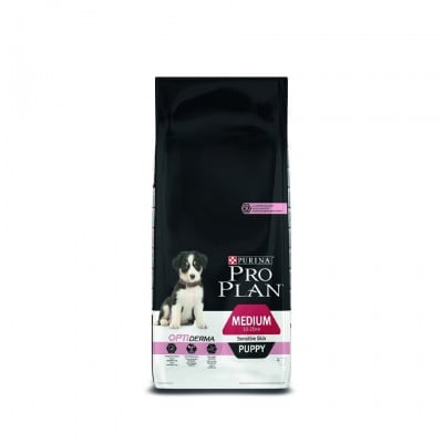 Суха храна за малки кучента от средните породи с чувствителна кожа със сьомга Pro Plan Dog Optiderma Medium Puppy, 12Kg