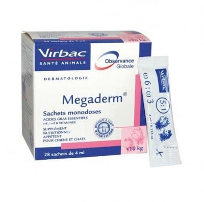 Хранителна добавка за здрава козина и кожа Virbac Megaderm, за кучета с тегло до 10 килограма, 28 дози