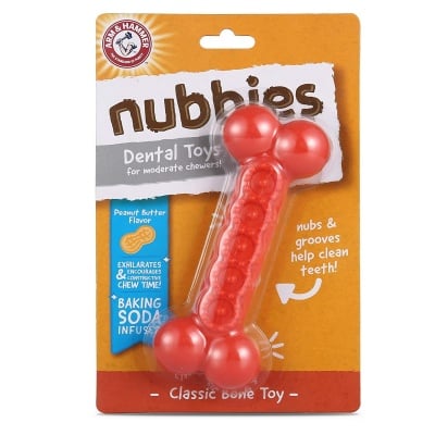 Дентална играчка за куче Arm&Hammer Bone Dental - кокал с аромат на фъстъчено масло, 16см