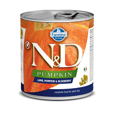 Пълноценна храна за кучета в зряла възраст N&D Pumpkin Lamb&Blueberry АГНЕШКО, ТИКВА & БОРОВИНКИ  - 285гр