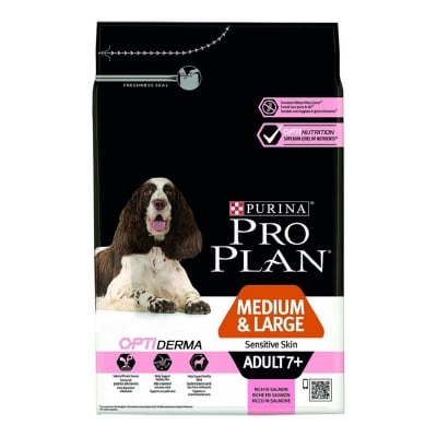 Храна за кучета от средни и големи породи над 7 годишна възраст с чувствителна кожа Purina PRO PLAN Medium&Large Adult 7+ Sensitive Skin, със сьомга, 14кг