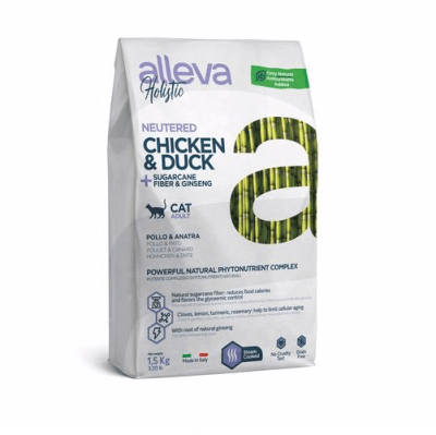 Пълноценна храна за възрастни кастрирани котки или за котки отглеждани в затворени помещения Alleva® Holistic Adult Cat, с Пилешко и Патешко + влакнини от Захарна тръстика и Женшен, 1.50кг
