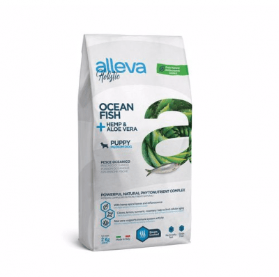 Пълноценна храна за подрастващи кучета от средни породи Alleva® Holistic Puppy Medium, с Океанска Риба + Коноп и Алое вера, 2.00кг