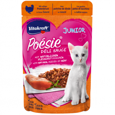 Паучове за котенца от 2-я месец, вкусен сос с истински парченца месо Vitakraft POESIE Pouch JUNIOR , 85гр, два вкуса