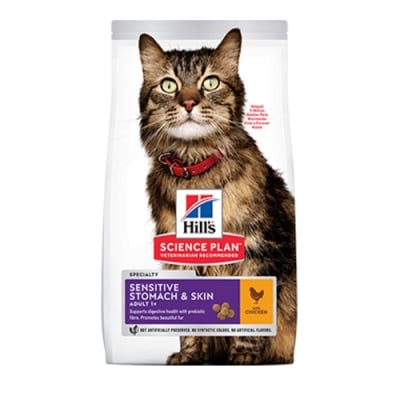 Hill's Science Plan Adult Sensitive Stomach & Skin с пиле - Суха храна за котки на възраст над 1 година, препоръчвана от ветеринарите; подпомага здравето на кожата и блясъка на козината, балансира храносмилането - три разфасовки