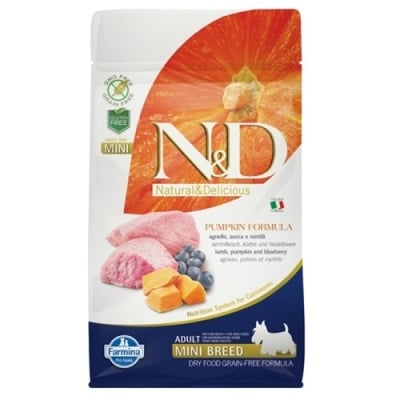 "N&D GF PUMPKIN LAMB&BLUEBERRY, ADULT MINI KG7" - Пълноценна храна с тиква, агнешко и боровинки за кучета от дребните породи