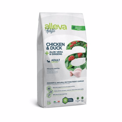 Пълноценна храна за подрастващи кучета от малки породи Alleva® Holistic Adult Mini, с Пилешко и Патешко + Алое вера и Женшен, 2.00кг
