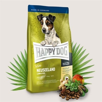 Храна за кучета Happy Dog Мини Нова Зеландия за дребни кучета с тегло до 10кг с агнешко месо и зелени миди - две разфасовки