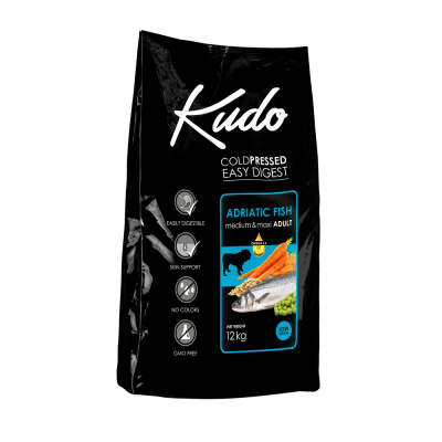 Храна за кучета от средни и едри над 1 год Kudo Low Grain Adriatic Fish Meduim-Maxi Adult, с риба, две разфасовки