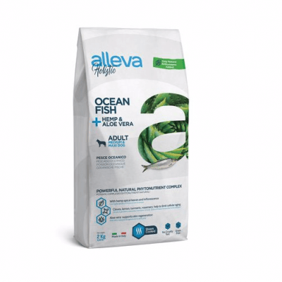 Пълноценна храна за възрастни кучета от средни и големи породи Alleva® Holistic Adult Medium/Maxi, с Океанска Риба + Коноп и Алое вера, 2.00кг