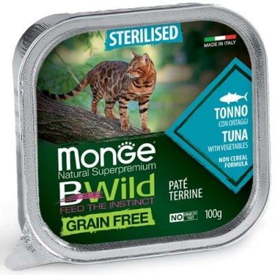 Пастет за кастрирани котки Monge BWILD Grain Free Sterilised, без зърнени храни, с риба тон и зеленчуци, 100гр