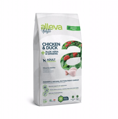 Пълноценна храна за възрастни кучета от средни породи Alleva® Holistic Adult Medium, с Пилешко и Патешко + Алое вера и Женшен, 2.00кг