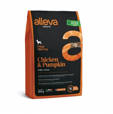 Пълноценна храна за подрастващи кучета от малки породи Alleva® Natural, с пиле и тиква, 0.800кг