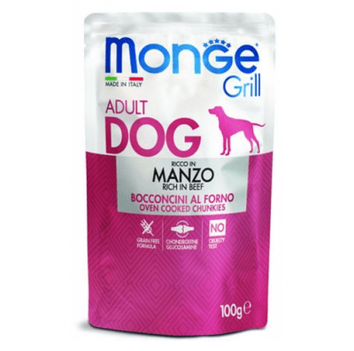 Пауч за куче хапки на грил с телешко месо MONGE GRILL Chunkies with BEEF, 12 броя х 100гр
