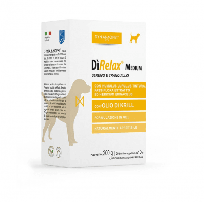 Хранителна добавка за кучета Dunamopet DìRELAX помага на кучето да преодолее моменти на напрежение и нервност; полезно при пътуване и за намаляване на страха от фойерверки, за кучета от средни породи