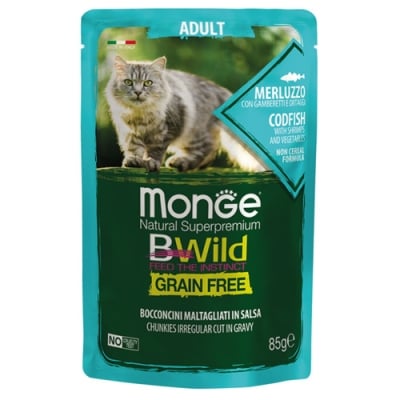 Пауч за котки Monge BWILD Grain Free Adult, без зърнени храни, с риба треска, скариди, зеленчуци, 85гр