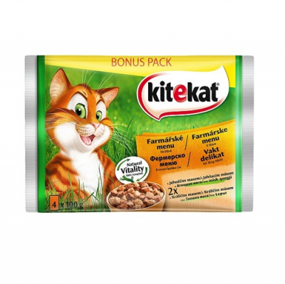 Kitekat Pouch Farm Menu in Gravy Фермерско меню в сос грейви за котки в зряла възраст - опаковка от 4 пауча x 100 g