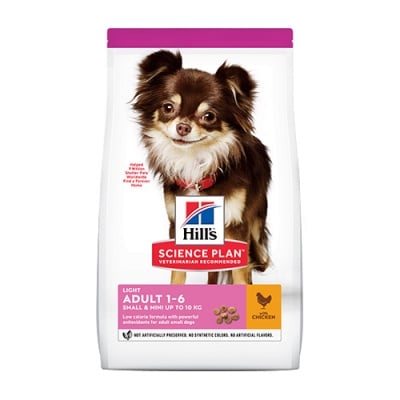 Пълноценна храна за по-слабо активни кучета в зряла възраст от малките породи Hill`s  LIGHT Small&Mini, с пилешко месо, две разфасовки