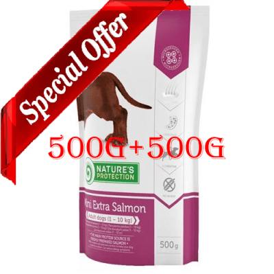 Nature's Protection Mini Extra Salmon - Суха храна със сьомга за дребни породи кучета над 1 година с чувствителен стомах, заздравява козината - 500 гр.+500 гр.