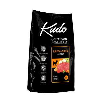 Храна за кучета  Kudo Low Grain Turkey/Duck Mini Adult, с патица и пуйска, две разфасовки
