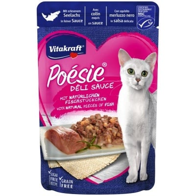 Паучове за котки - вкусен сос с истински парченца океанска сьомга 85 г - Vitakraft POESIE