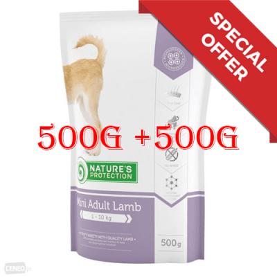 nature's protection Mini Adult Lamb - пълноценна храна за израстналите кучета от малките породи (1-10 кг) с агнешко - 0,500кг+0.500кг