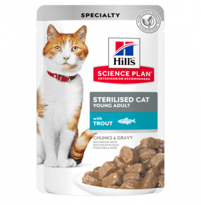 Пауч с пъстърва, малки късчета в сос Грейви за млади кастрирани котки от 6 мес.  до 6 год. Hill’s Science Plan Sterilised Cat Young Adult, 12бр х 85гр