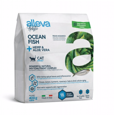 Пълноценна храна за възрастни котки Alleva® Holistic Adult Cat,  с Океанска Риба + Коноп и Алое вера, 0.400кг