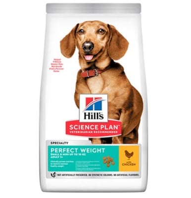 Пълноценна храна с пилешко за кучета от малките породи до 10кг над 1 год., с наднормено тегло HILL’S SCIENCE PLAN Perfect Weight Small & Mini Adult, три разфасовки