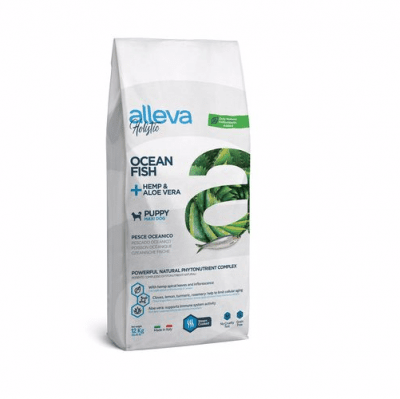 Пълноценна храна за подрастващи кучета от големи породи Alleva® Holistic Puppy Maxi, с Океанска Риба + Канабис сатива и Алое вера, 12.00кг