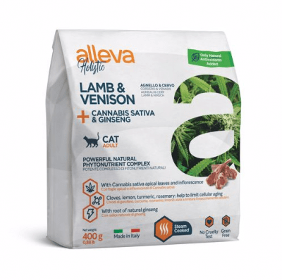 Пълноценна храна за възрастни котки Alleva® Holistic Adult Cat, с Агнешко и Еленско + Канабис сатива и Женшен, 0.400кг