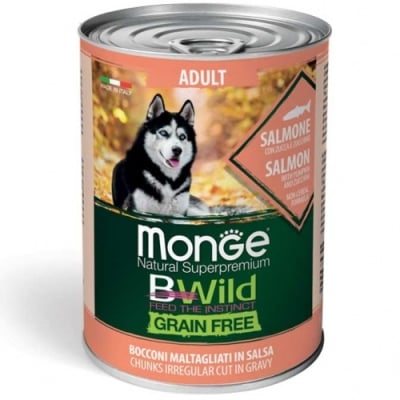 Хапки в сос за кучета в зряла възраст от всички породи Monge BWILD Grain Free, без зърнени храни, със сьомга, тиква, тиквички, 400гр