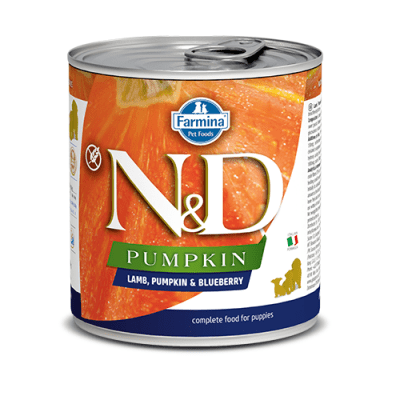 Пълноценна храна за подрастващи кученца и бременни или кърмещи кучета N&D Pumpkin Lamb&Blueberry Puppy АГНЕШКО, ТИКВА & БОРОВИНКИ - 285гр