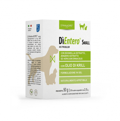 Хранителна добавка за котки и кучета от малки породи Dynamopet DìEntero Small, предназначена да подпомага нормалните храносмилателни функции и нормализирането на изпражненията, 20брх2.5гр