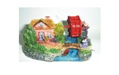 "QIAN HU" - Декорация за аквариум - Ферма с движещо се воденично колело /малка/