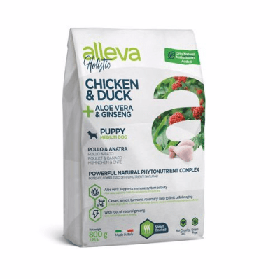 Пълноценна храна за подрастващи кучета от средни породи Alleva® Holistic Puppy Medium, с Пилешко и Патешко + Алое вера и Женшен, 0.800кг