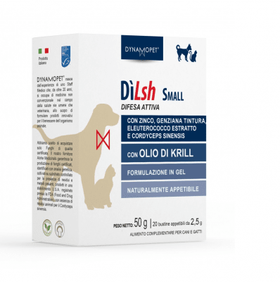 Хранителна добавка, поддържаща естествената физиологична защита на организма на котки и кучета от дребни породи, живеещи в топли и влажни зони Dynamopet Dilsh, 20брх2.5гр