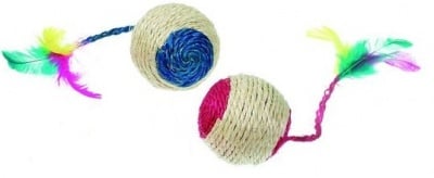 Играчка топка сизал с звук и пера 6 см. С котешка трева
