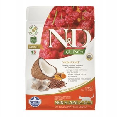 N&D QUINOA SKIN & COAT с херинга - Храна за котки с херинга, киноа, кокос и куркума при хранителни чувствителности, за поддържане на кожата и козината